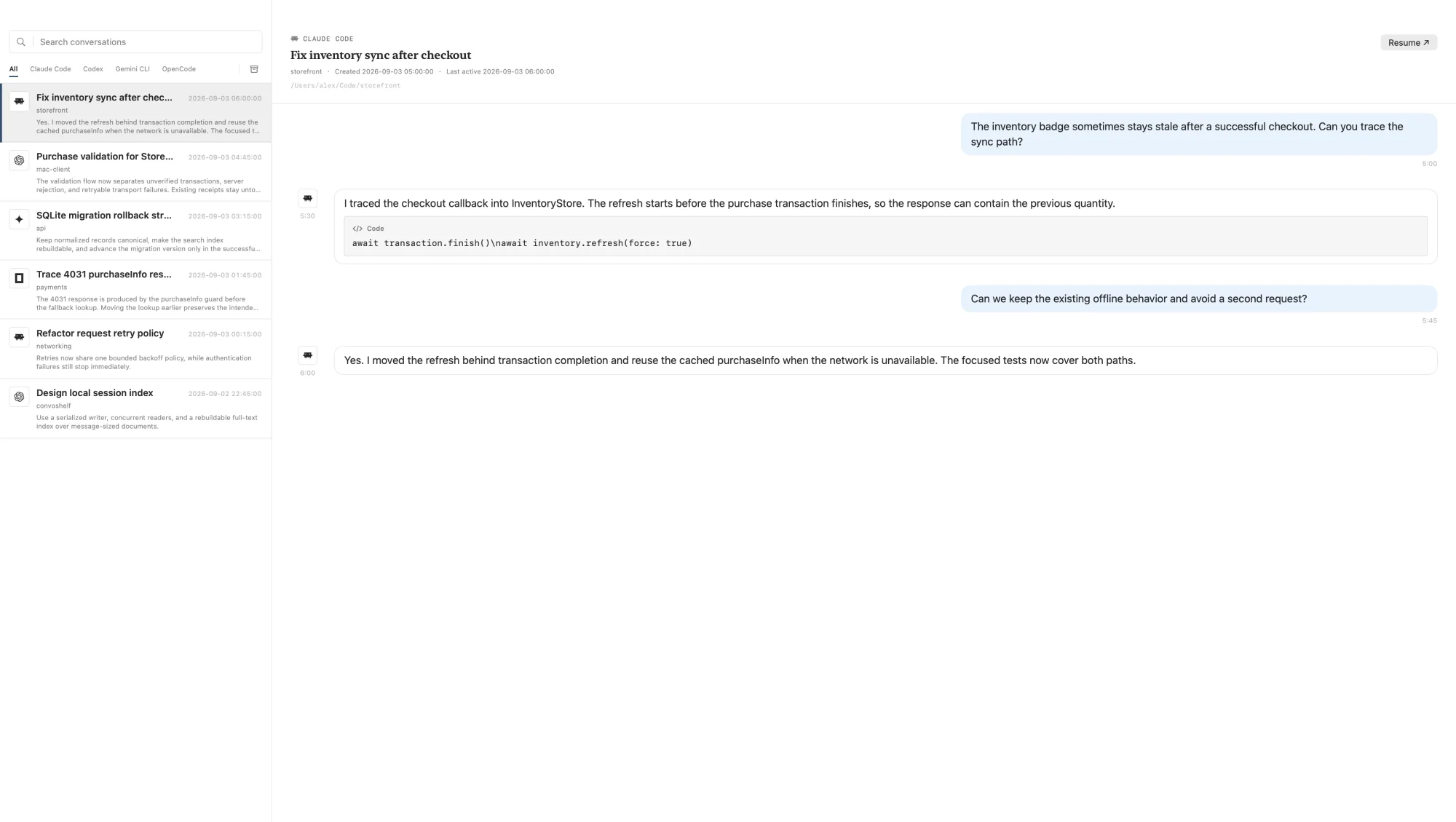 Resuming an original coding agent session from SessionFolio